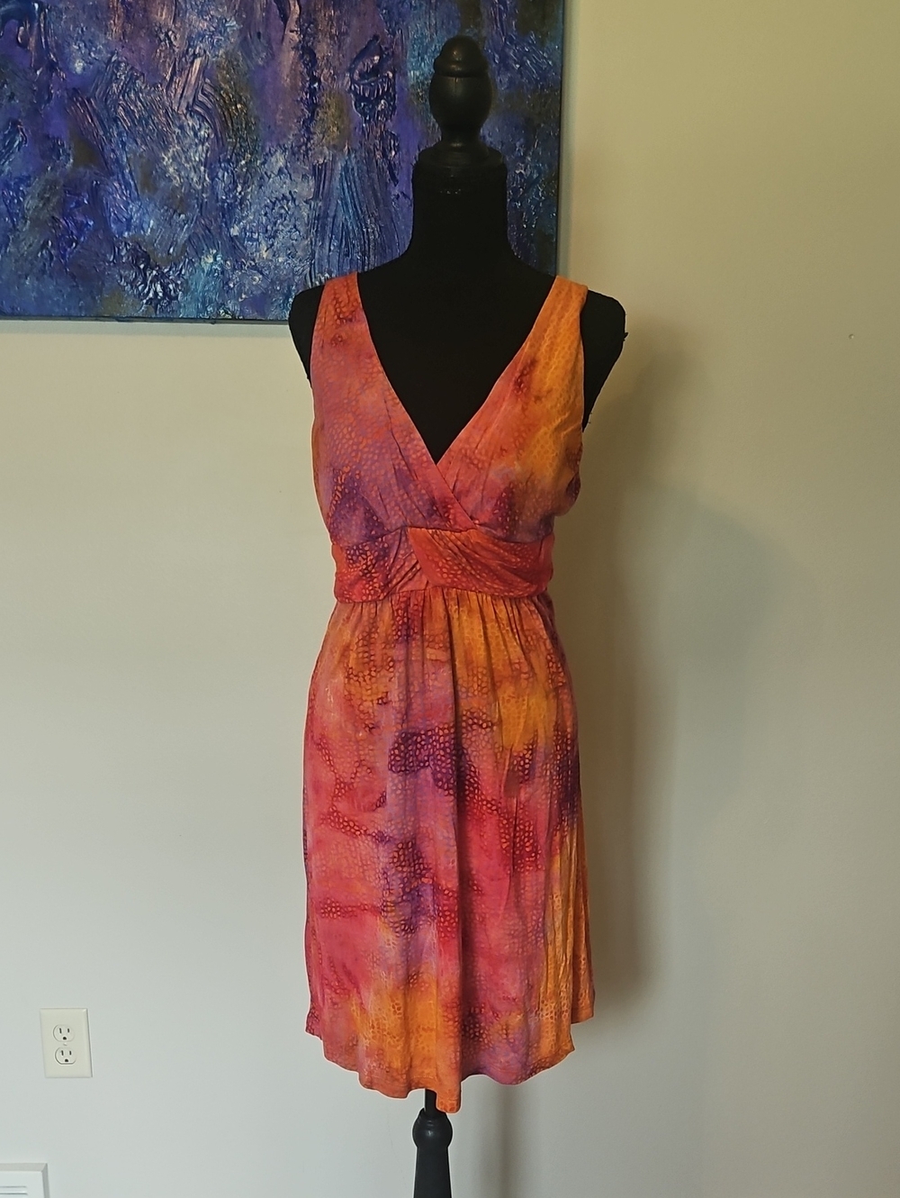Sleeveless V-Neck Midi Dress in Orange and Pink